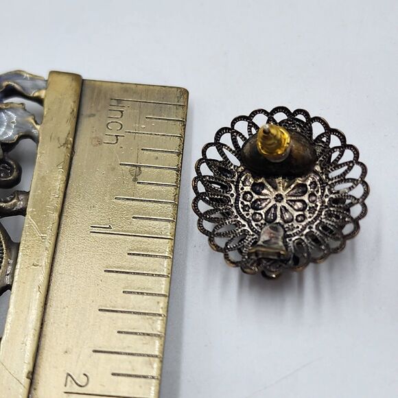 Vintage Ornate Rhinestone Flower Pierced Post Earrings Purple AB Cluster Pretty - Picture 5 of 5